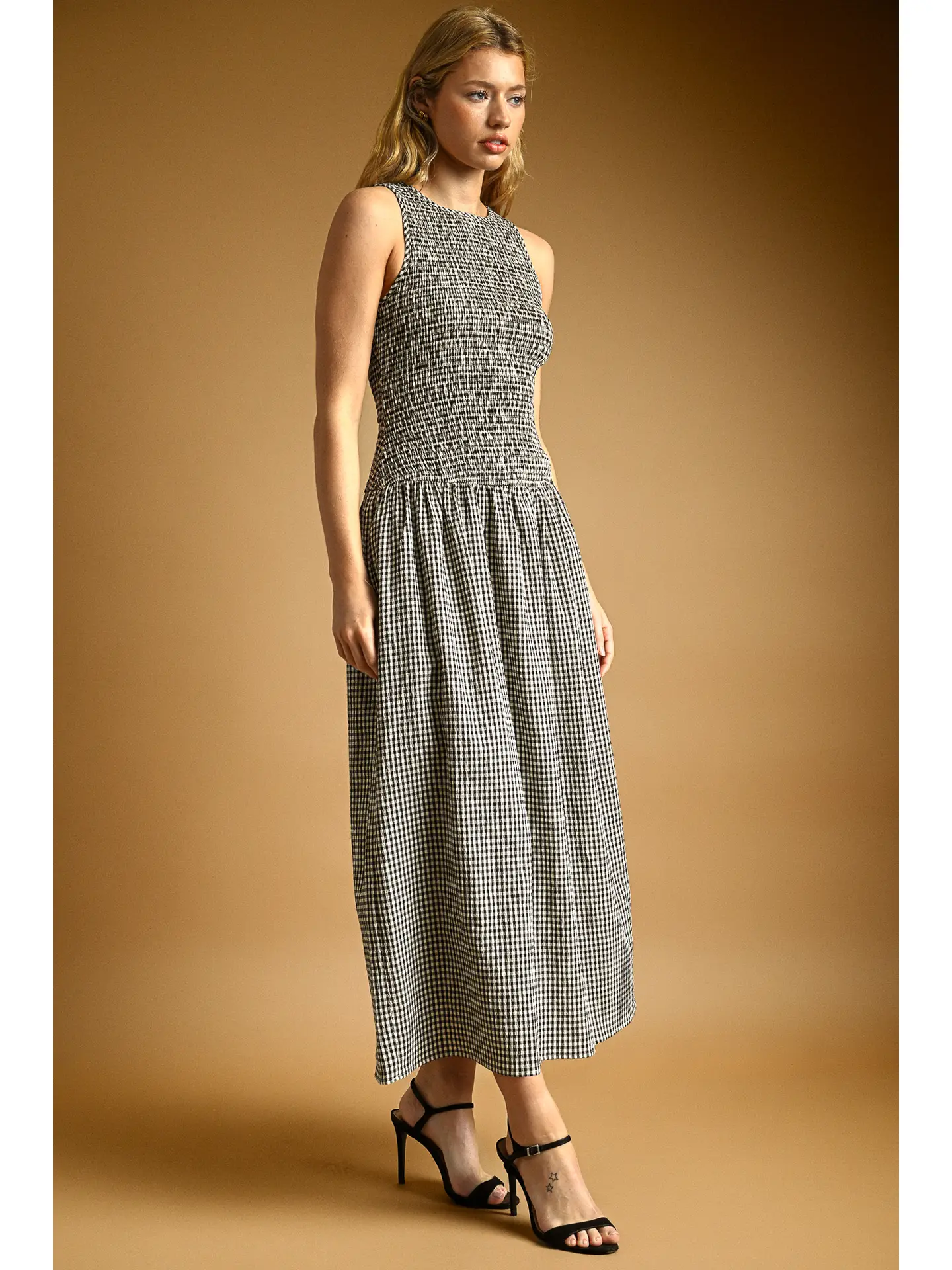 Mini Gingham Pattern Sleeveless Long Dress - BLACK