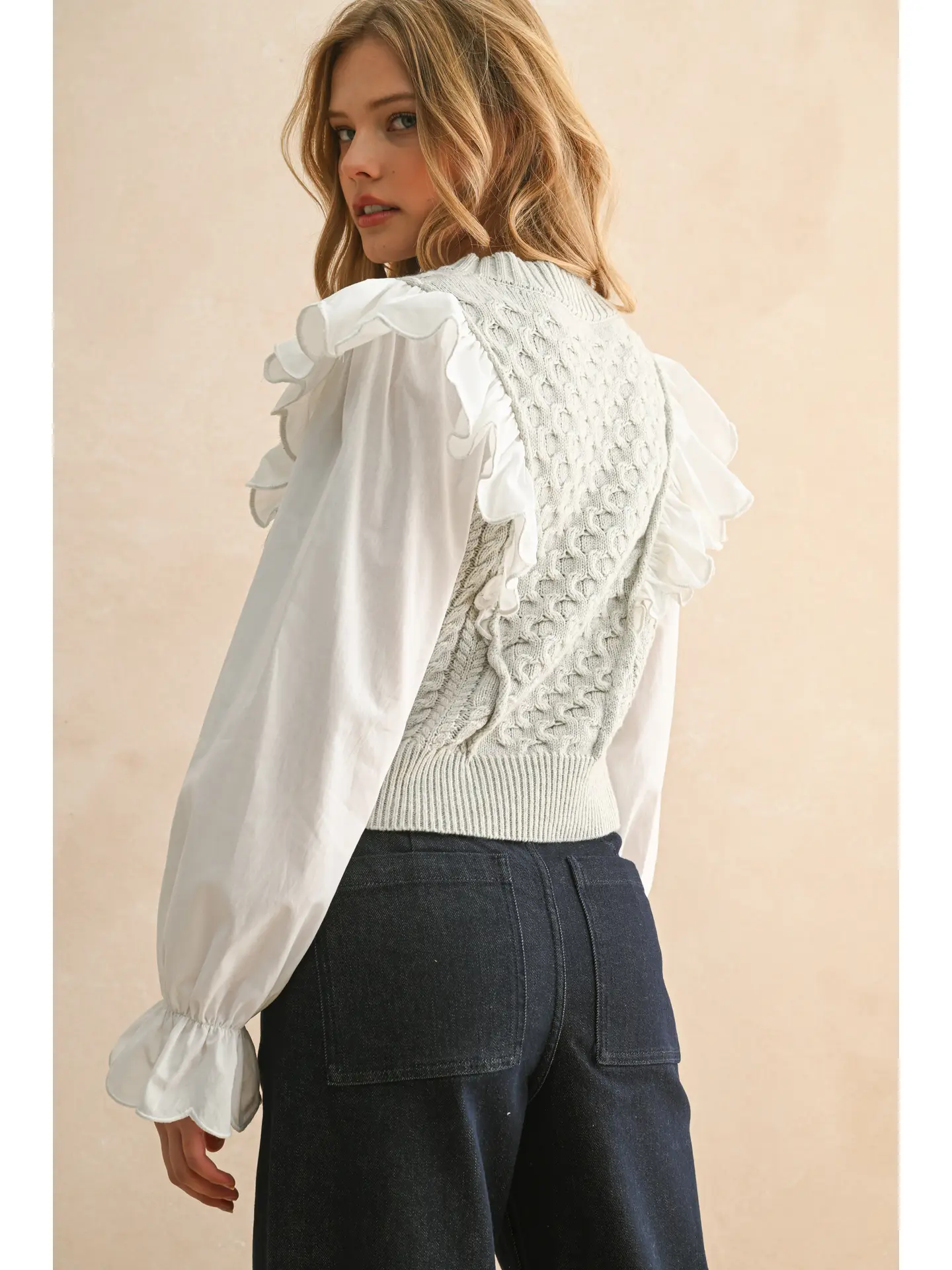 Ruffle Trimmed Long Sleeve Sweater Combo Blouse - Heather Grey