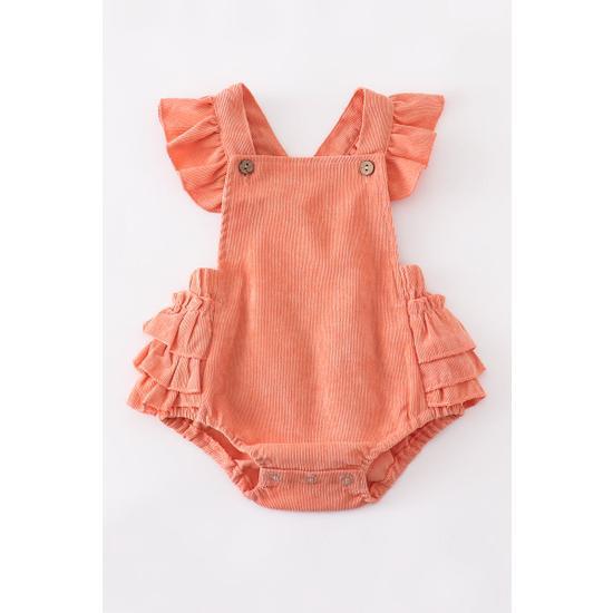 CORAL VELVET RUFFLE BABY ROMPER