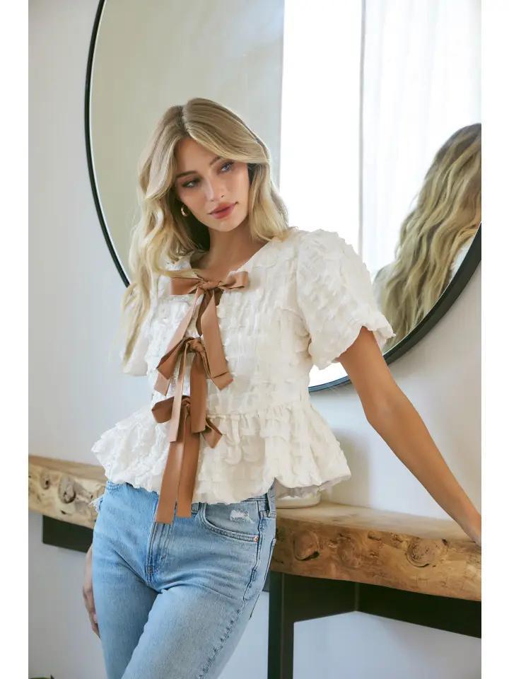 Bubble Babydoll Blouse with Textured Fabric and Contrast Bow - Vanilla