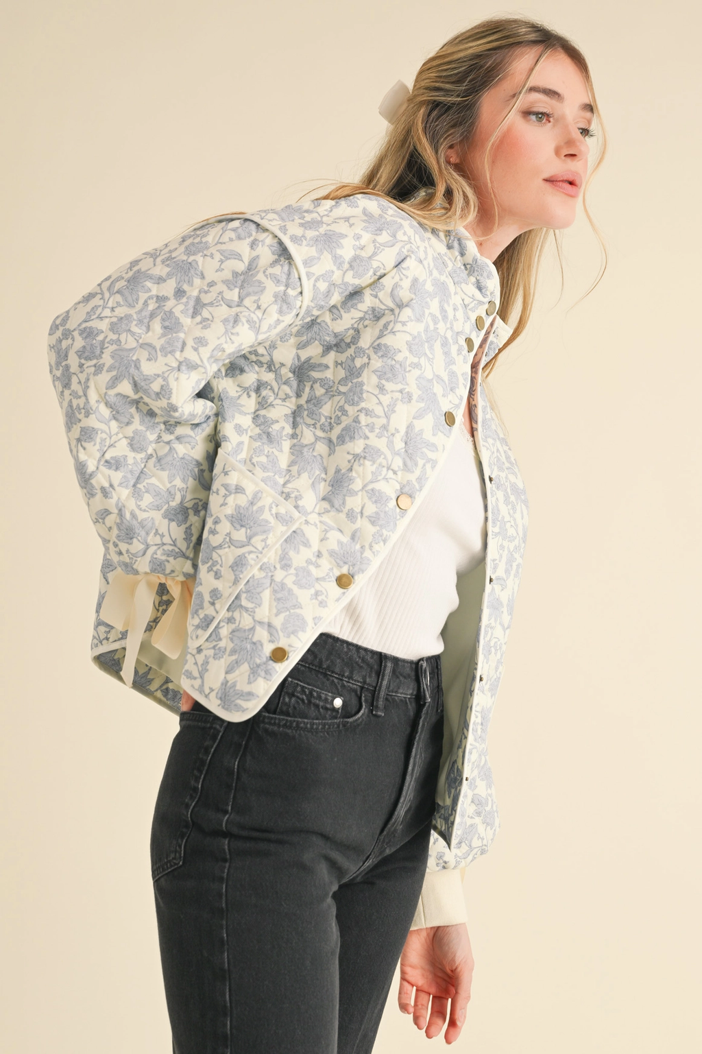 Floral Quilted Jacket with Ribbon Detail MJK3622