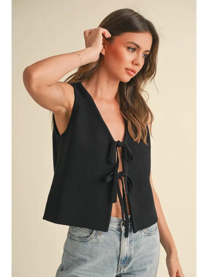 Tied Front Knitted Vest - Black