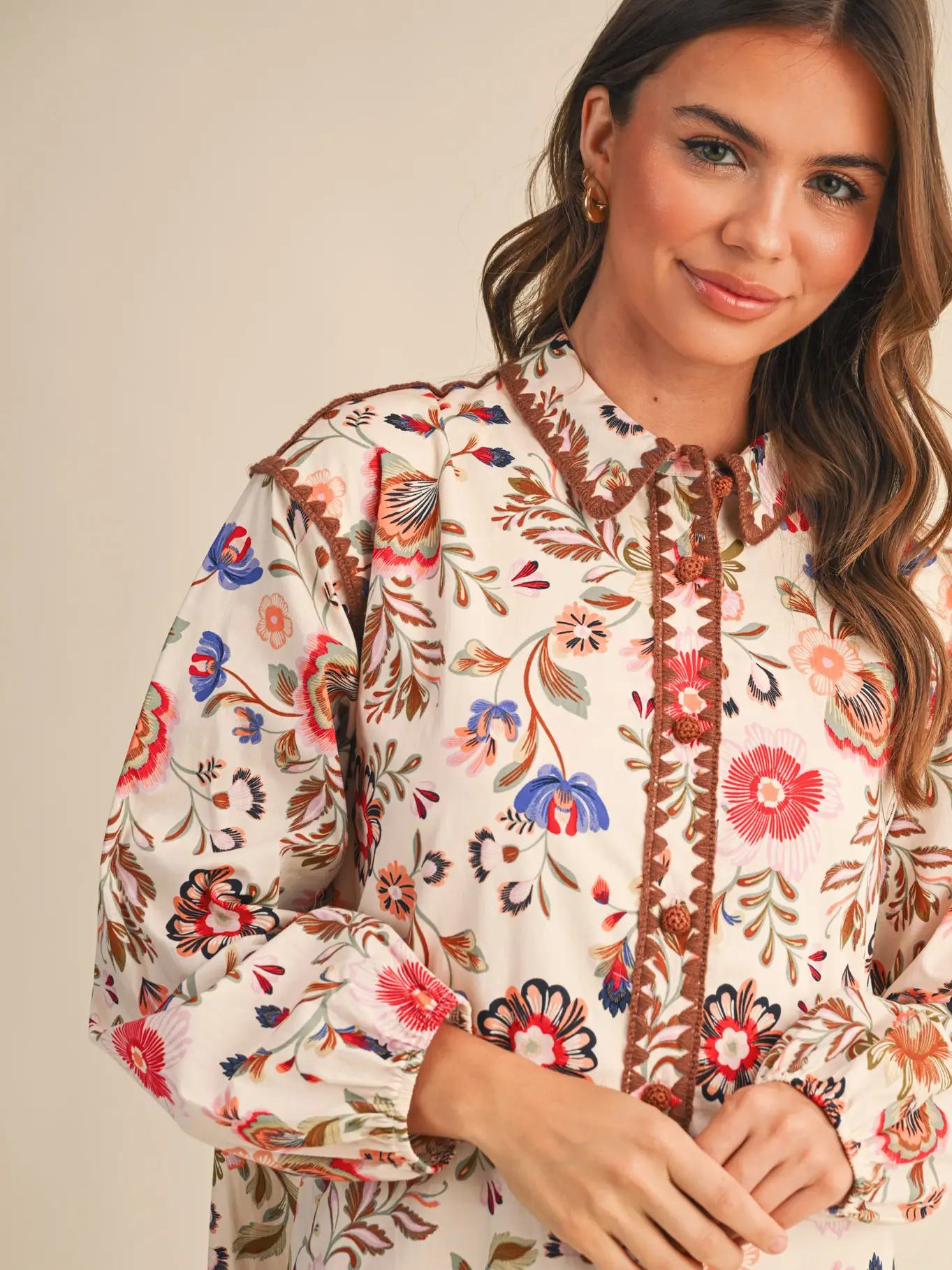 Exclusive Print Blanket Stitch Buttoned Mini Dress - CREAM MULTI