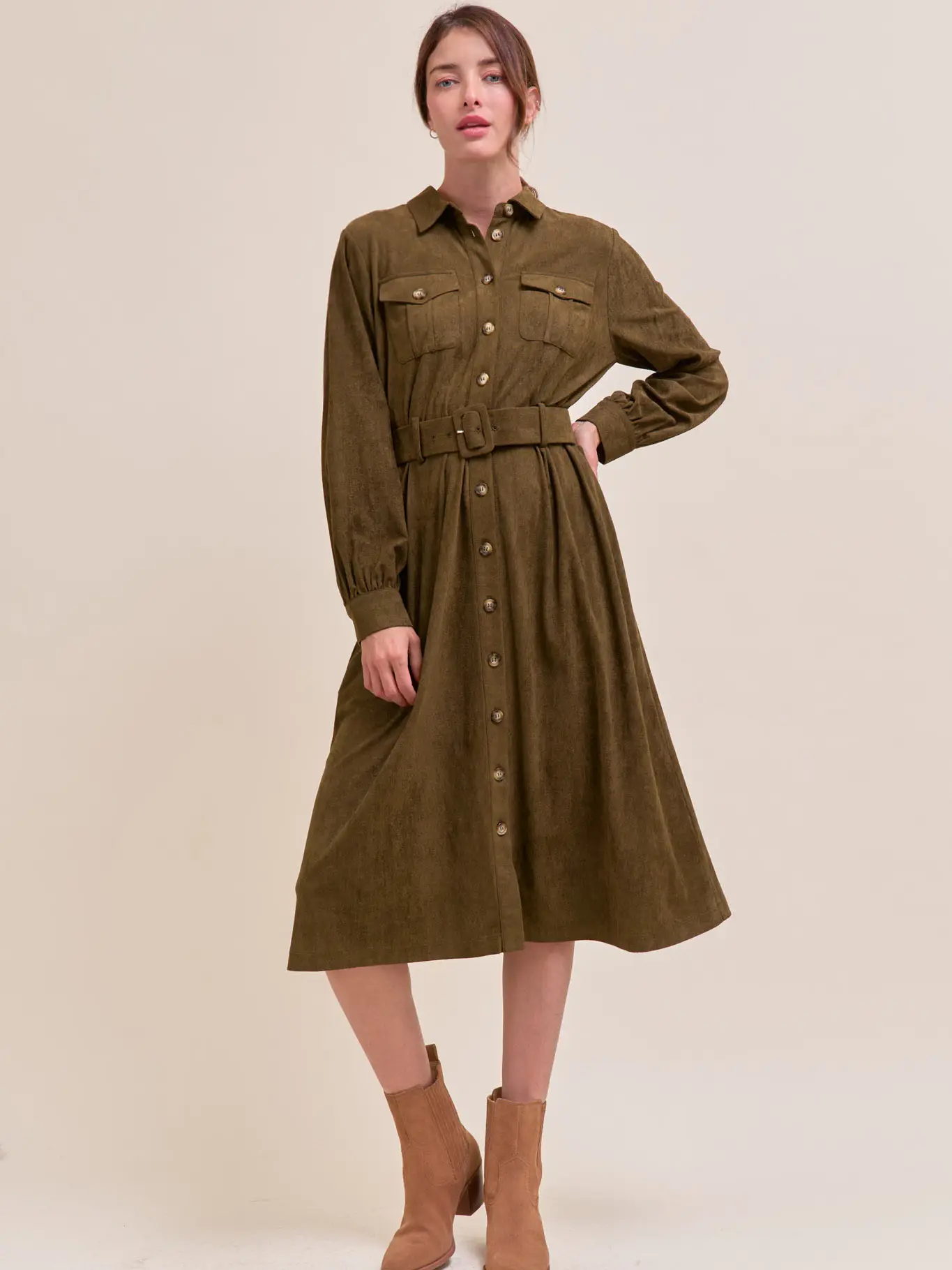Suede Shirt Dress - ECRU