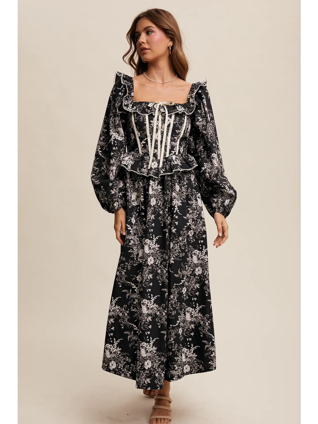 Floral Corset Ruffle Midi Dress - BLACK
