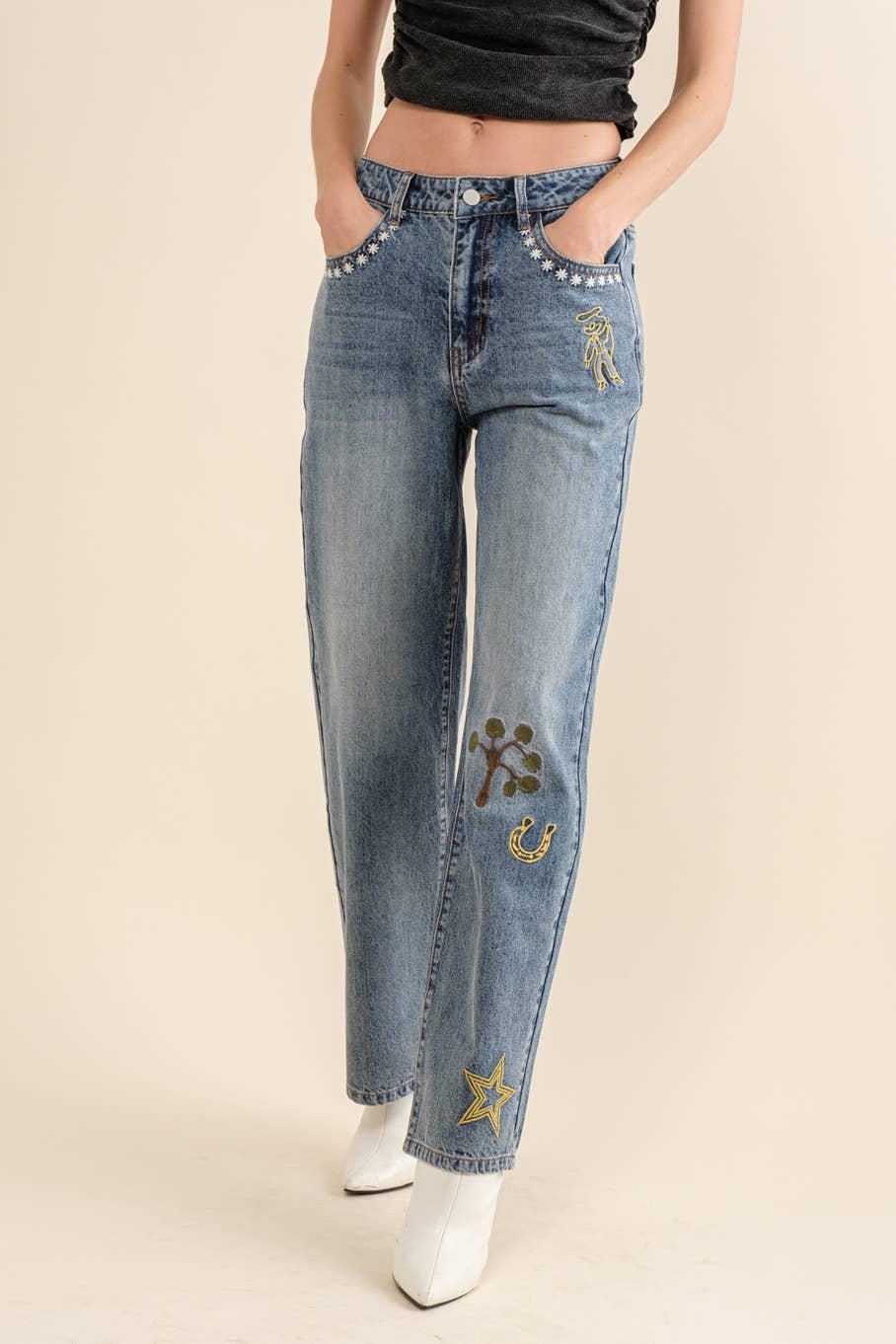 Straight Leg Embroidered Western Denim Jeans