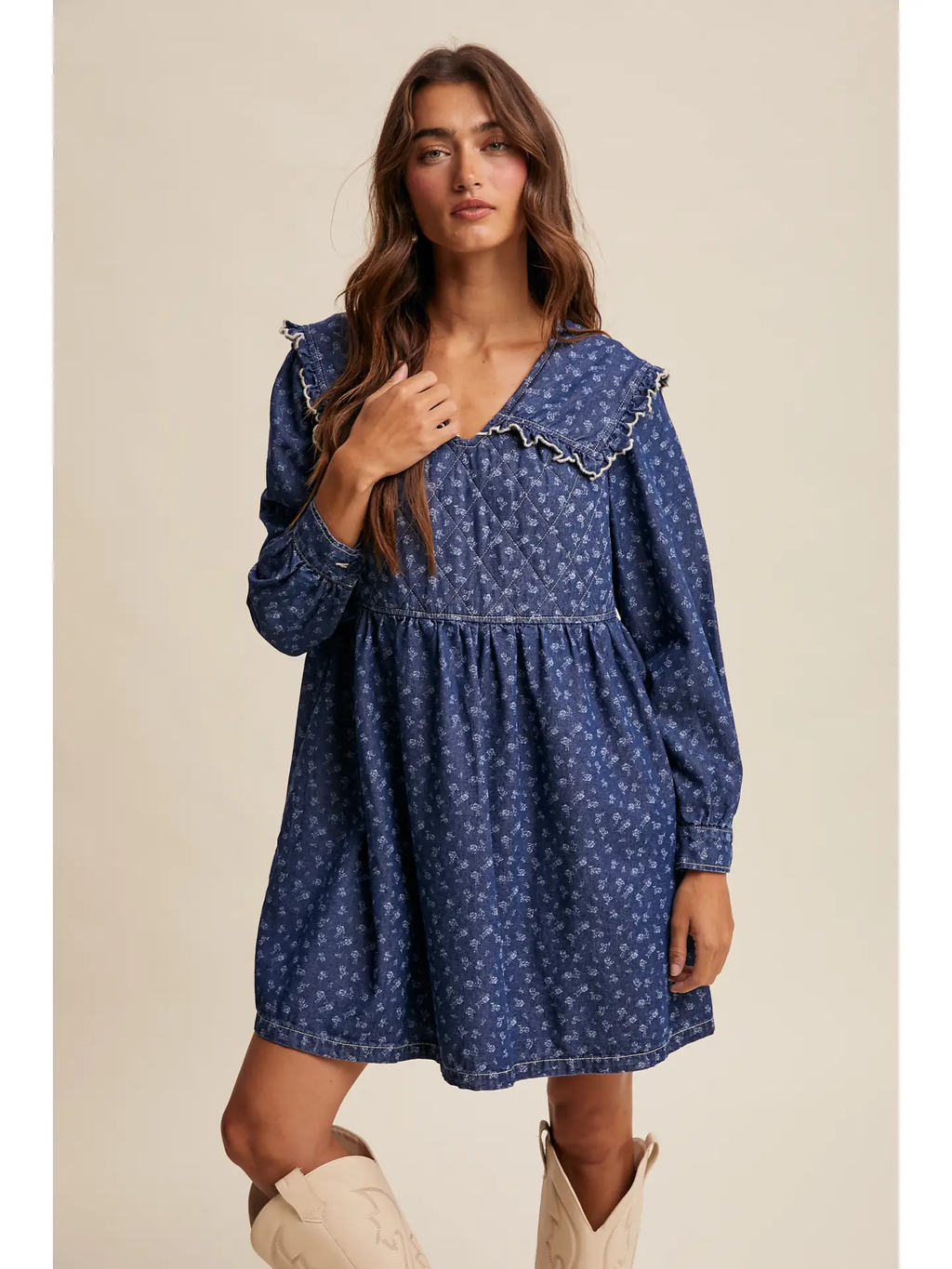 Quilted Yoke Denim Mini Dress