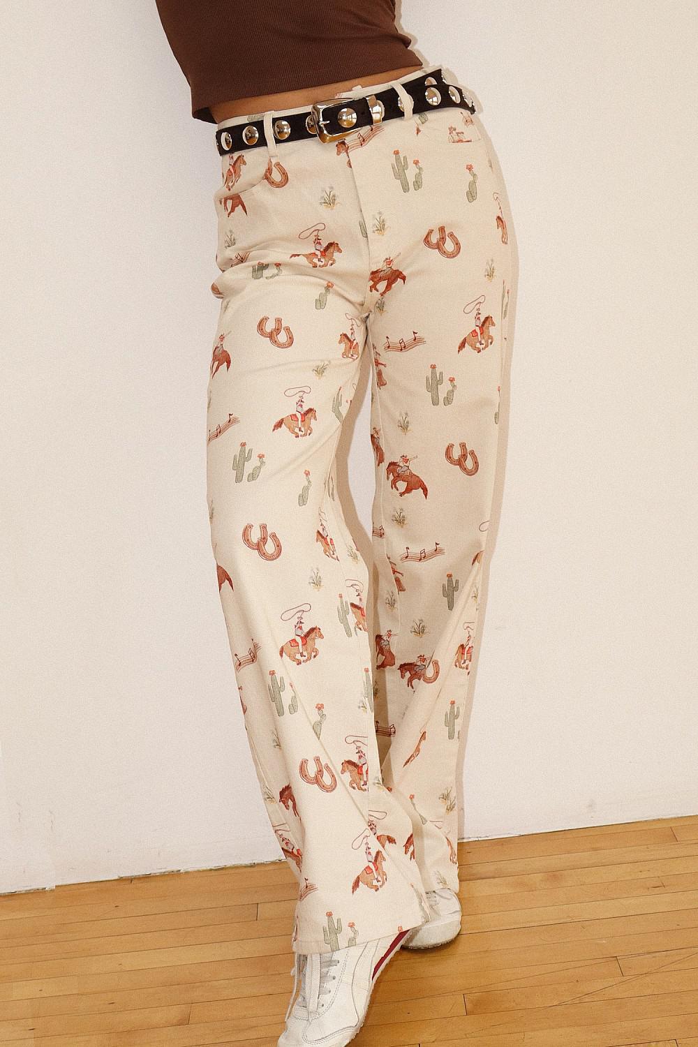 COWGIRL PRINT STRAIGHT-LEG PANTS - ECRU