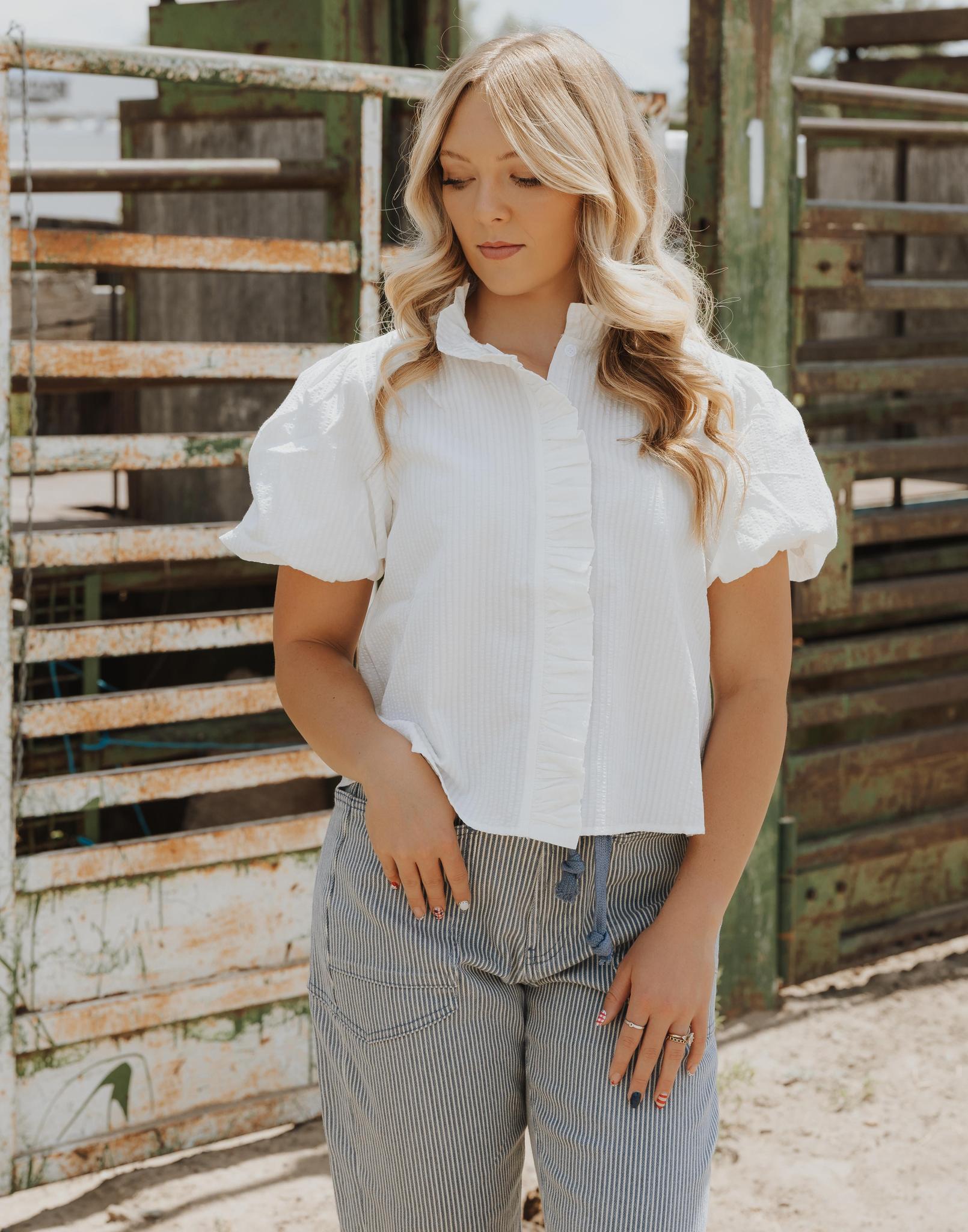 Striped Ruffle Button Down Top  - WHITE