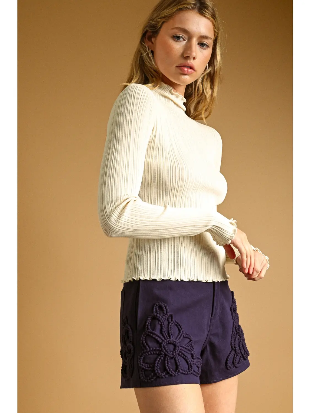 Long Sleeve Ribbed Knitted Top - CREAM