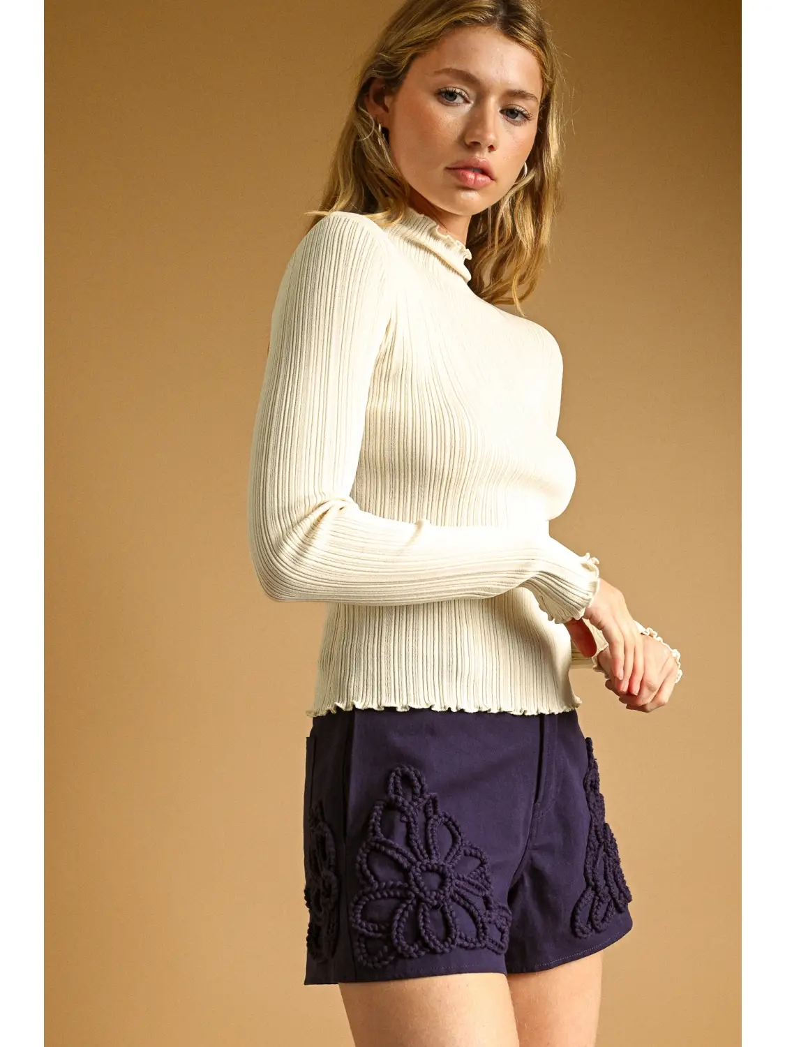 Long Sleeve Ribbed Knitted Top - CREAM
