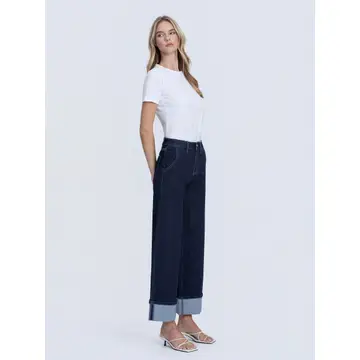 High Rise Dark Wash Cuffed Ankle Wide Leg Jeans - REVENUE