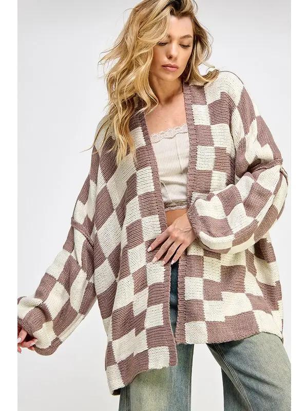 Check Dropped Shoulders Cardigan - White & Mink
