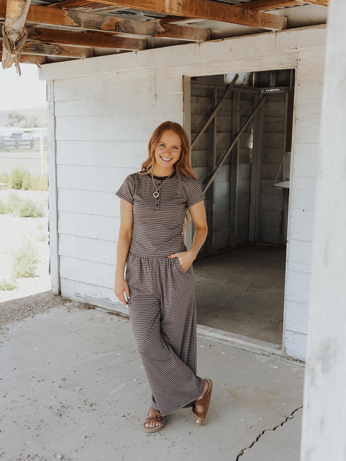 Double Striped Pattern Half Snap Button Top - Brown
