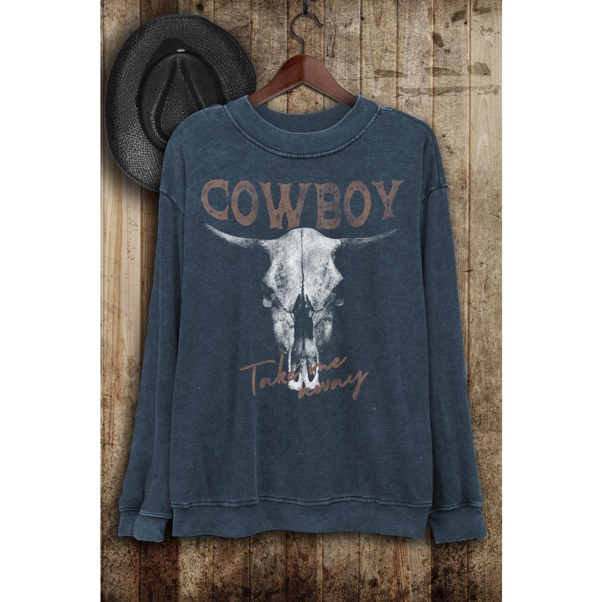 COWBOY TAKE ME AWAY LONG SLEEVE SWEATSHIRT - MINERAL NAVY