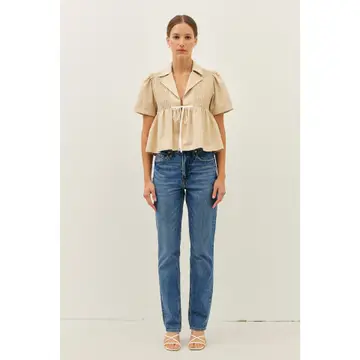 Smocked Linen Babydoll Open-Front Blouse with Ribbon - Natural