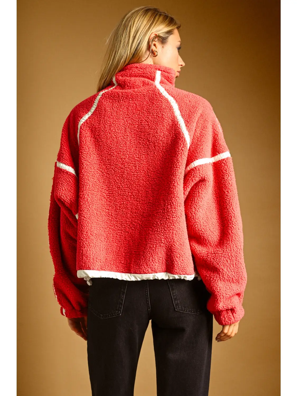 Half Zip Up Sherpa Pullover - CHERRY