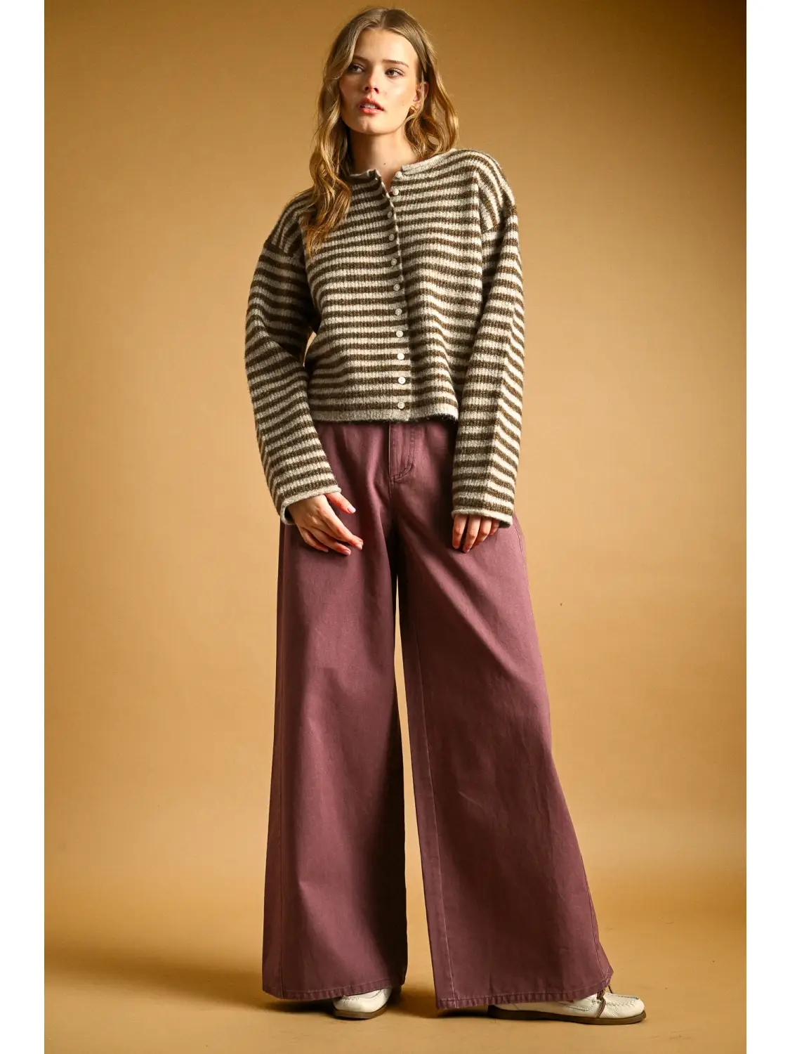 Striped Button Front Sweater Cardigan - Mocha Oat