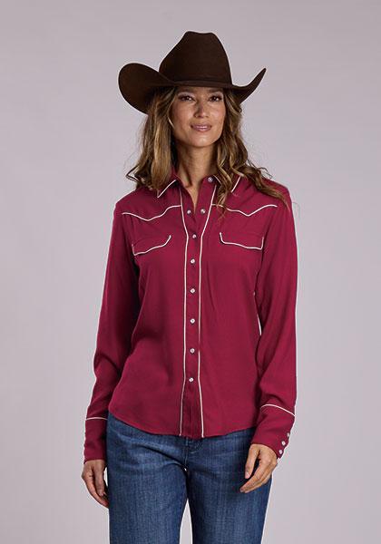 WOMENS L/S SHIRT   STETSON BASIC SOLIDS 3155 SOLID RAYON TWILL - WINE,