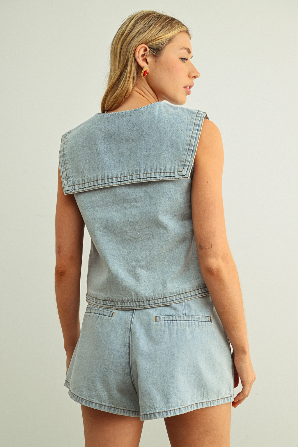 Sailor Collar Button Front Denim Top