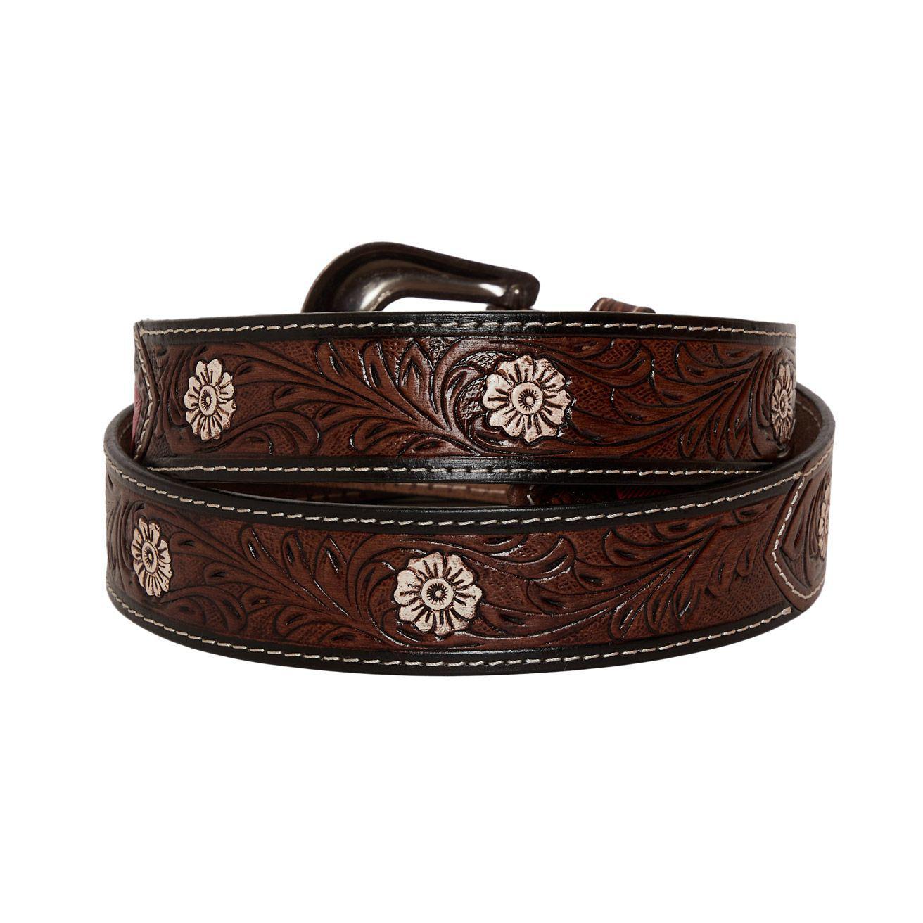 PINK FEATHER HAND-TOOLED LEATHER BELT S-4062