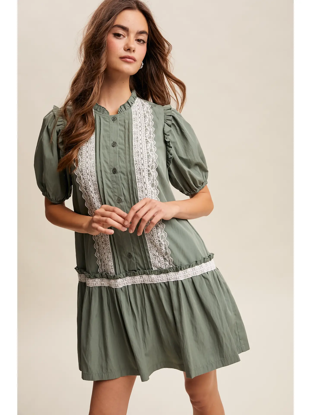 Lace Trimmed Babydoll Dress - EUCALYPTUS