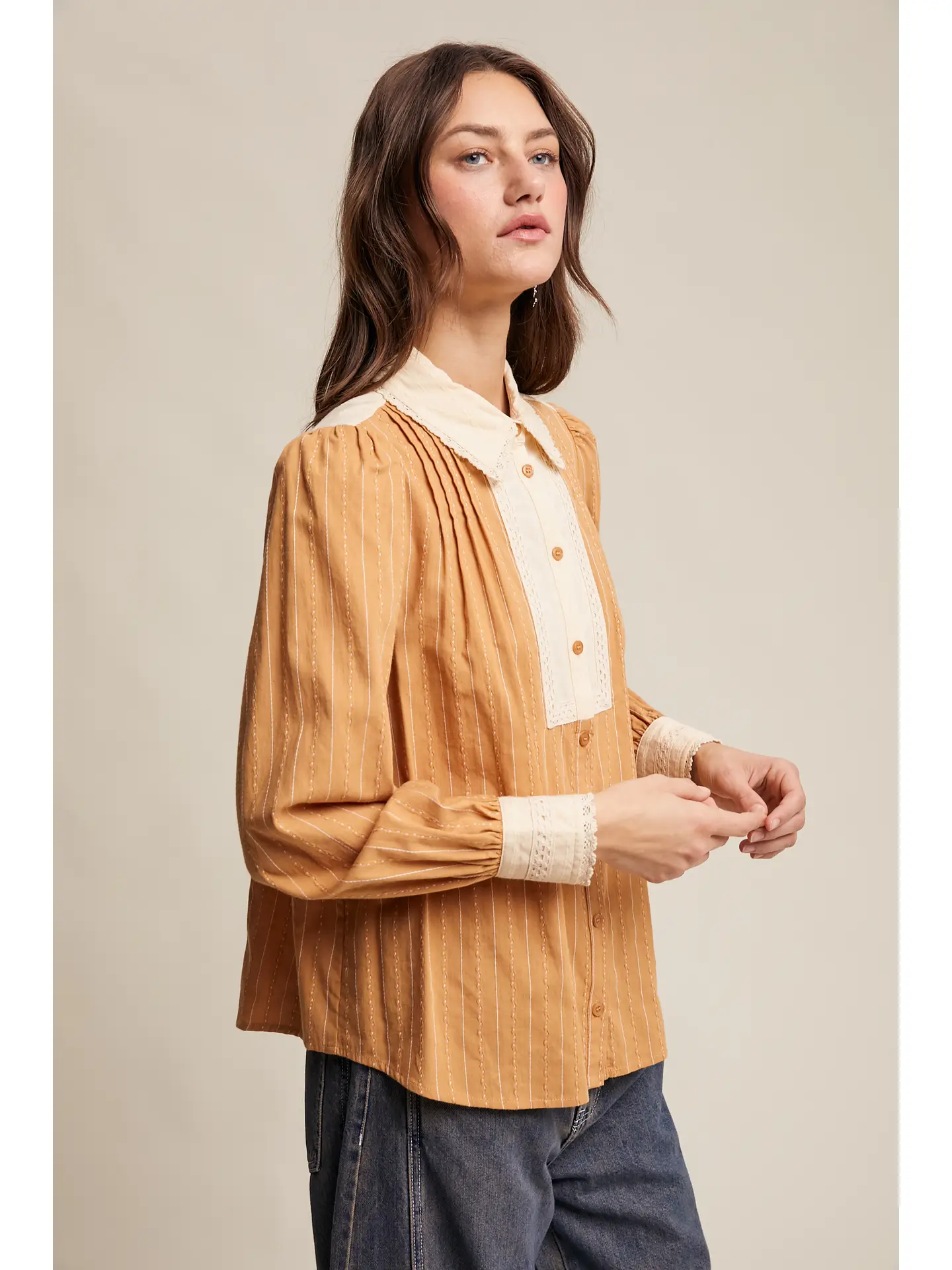 Victorian Contrast Lace Blouse - CLAY