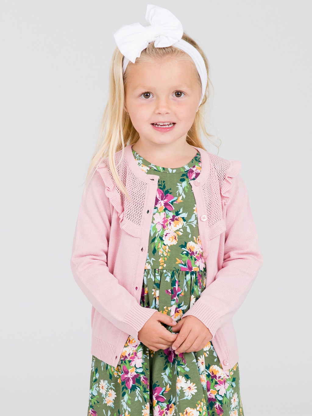 Girls Pink Sweater Knit Ruffle Trim Cardigan - Pink