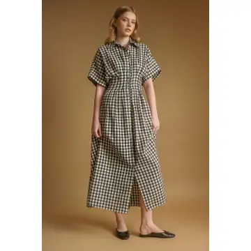 Gingham Pattern Button Down Shirt Dress - Black/Cream