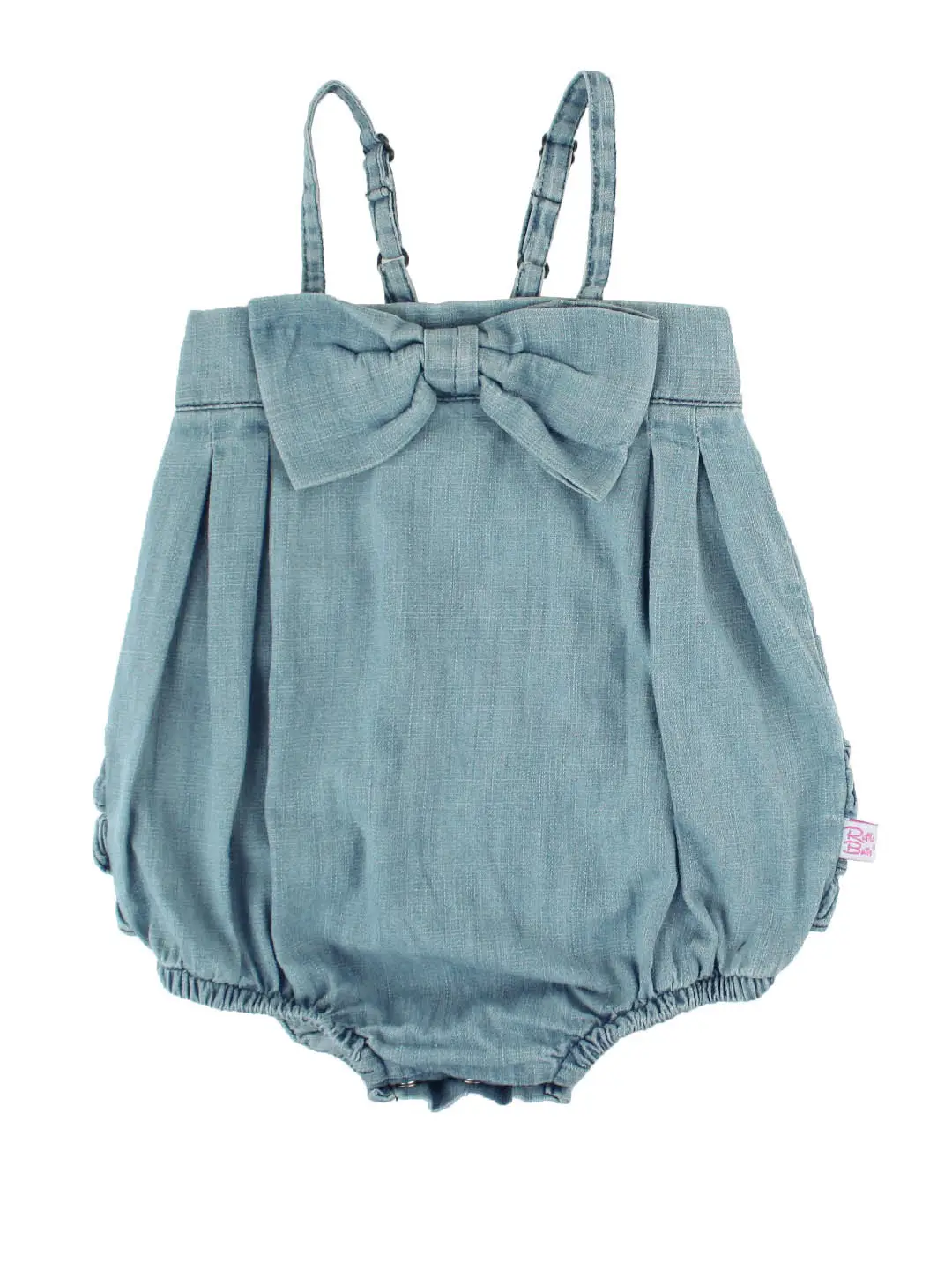 Baby Girls Light Wash Denim Bow Front Bubble Woven Romper