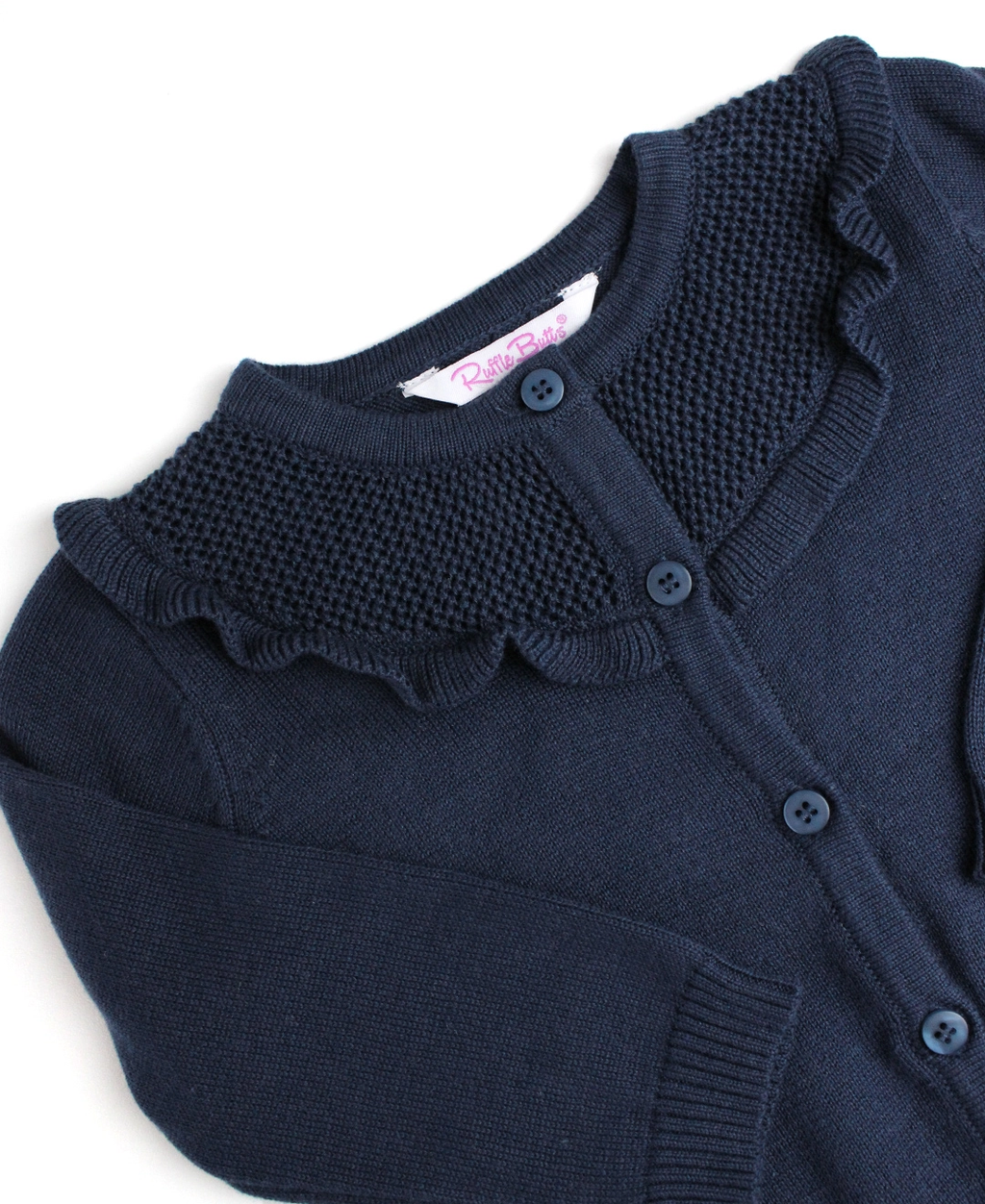 Girls Dark Navy Sweater Knit Ruffle Trim Cardigan - Navy Blue