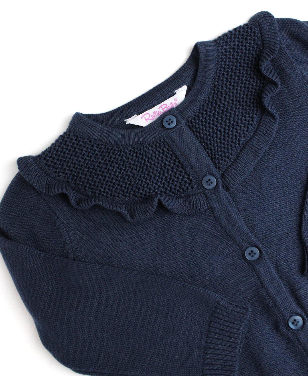 Girls Dark Navy Sweater Knit Ruffle Trim Cardigan - Navy Blue
