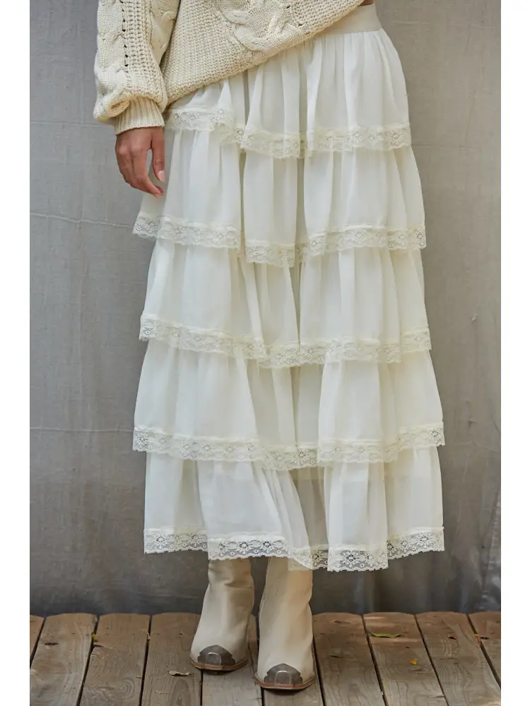 Woven Polyester Flare Tiered Midi Skirt