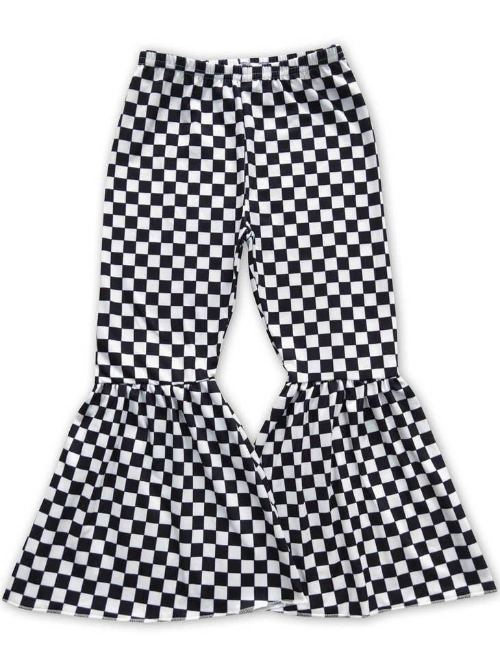 CHECKERBOARD BELL BOTTOM PANTS - BLACK/WHITE