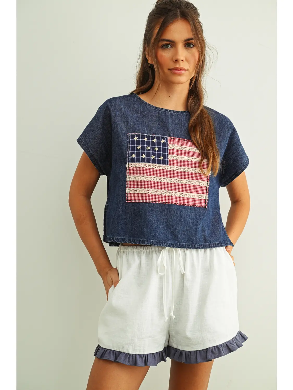 Mixed Fabric Flag Patched Dolman Sleeve Top