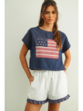 Mixed Fabric Flag Patched Dolman Sleeve Top