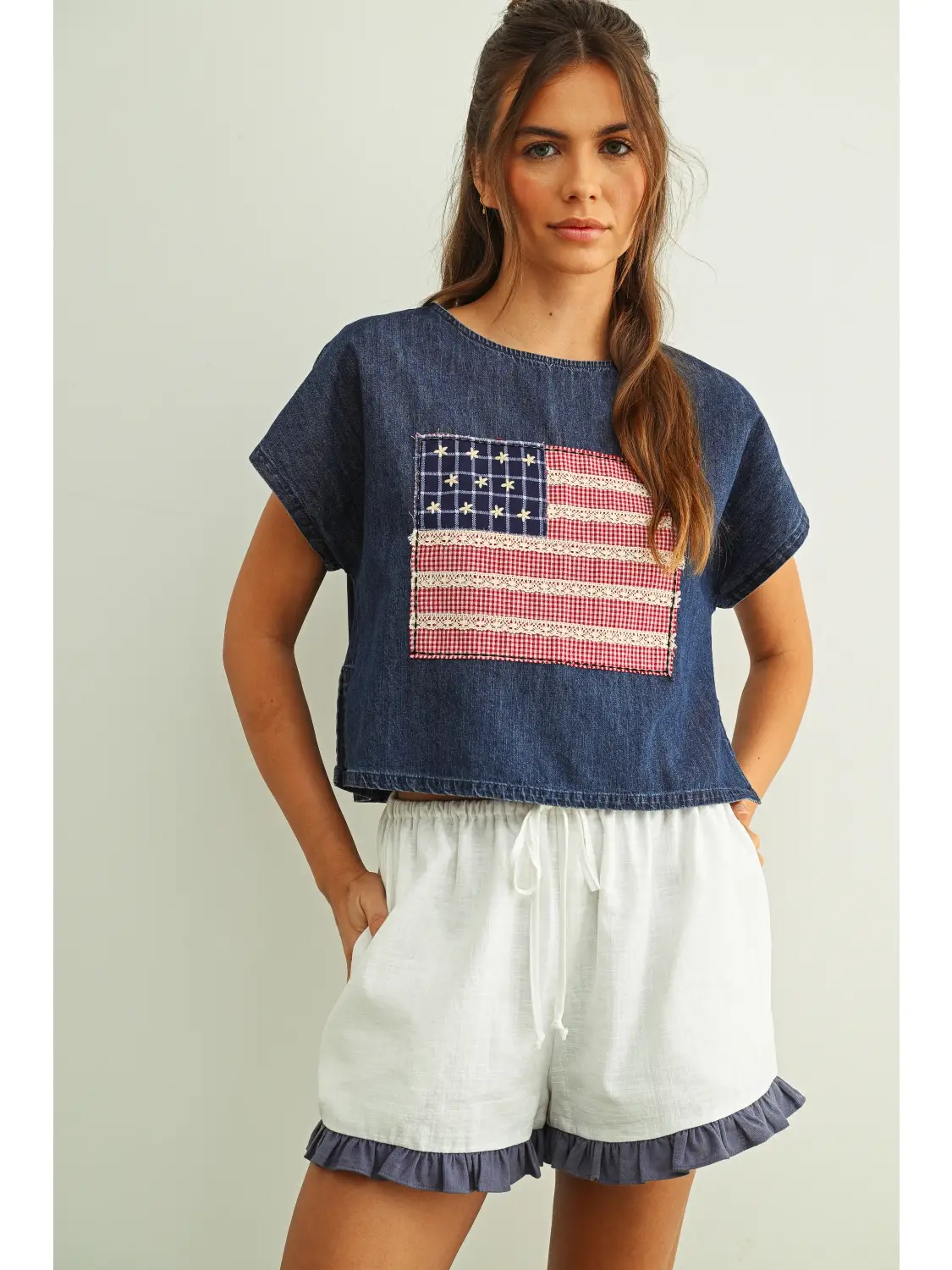 Mixed Fabric Flag Patched Dolman Sleeve Top