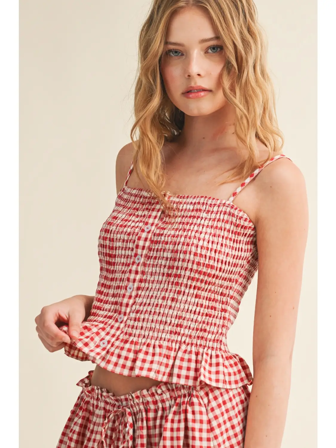 Gingham Pattern Button Front Smocking Top - RED