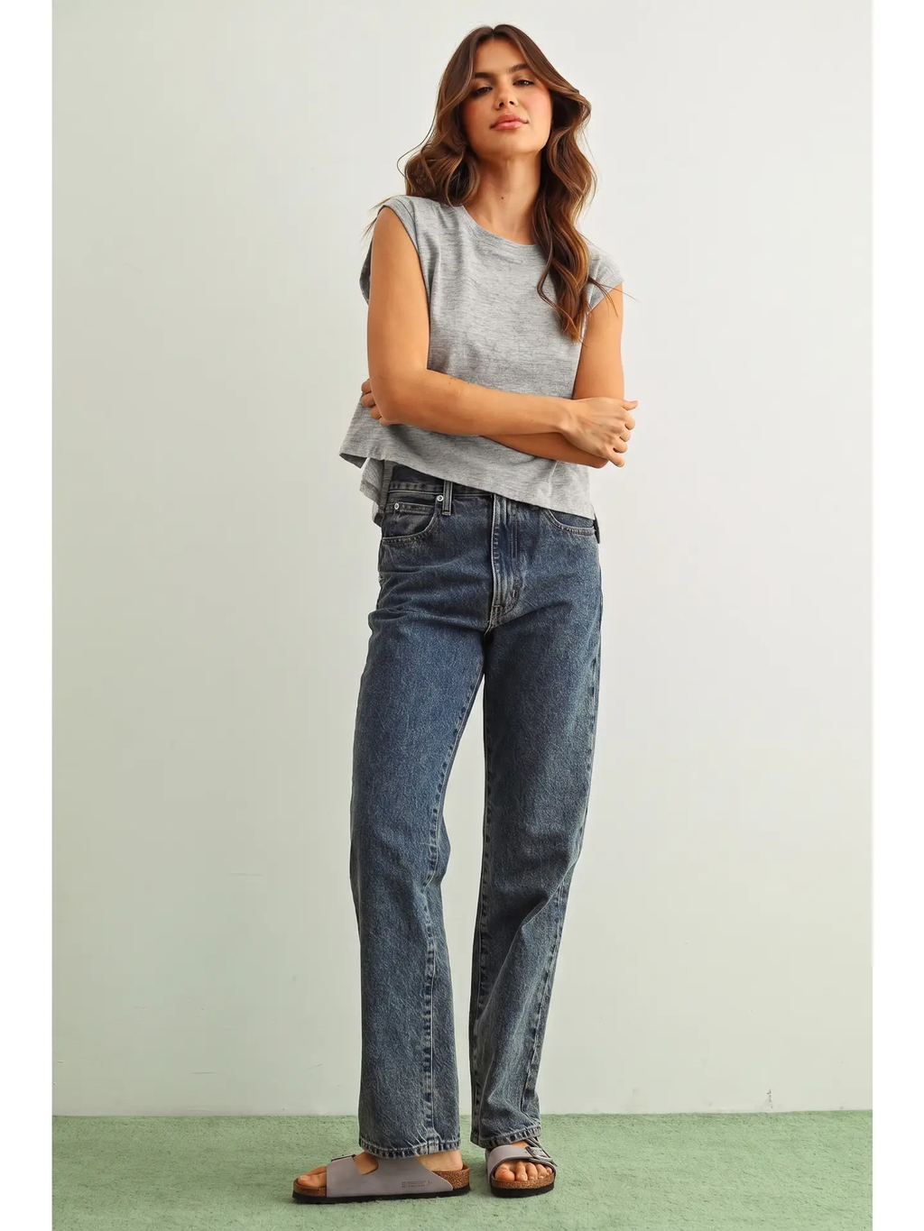 Round Neck Slub Top - HEATHER GREY