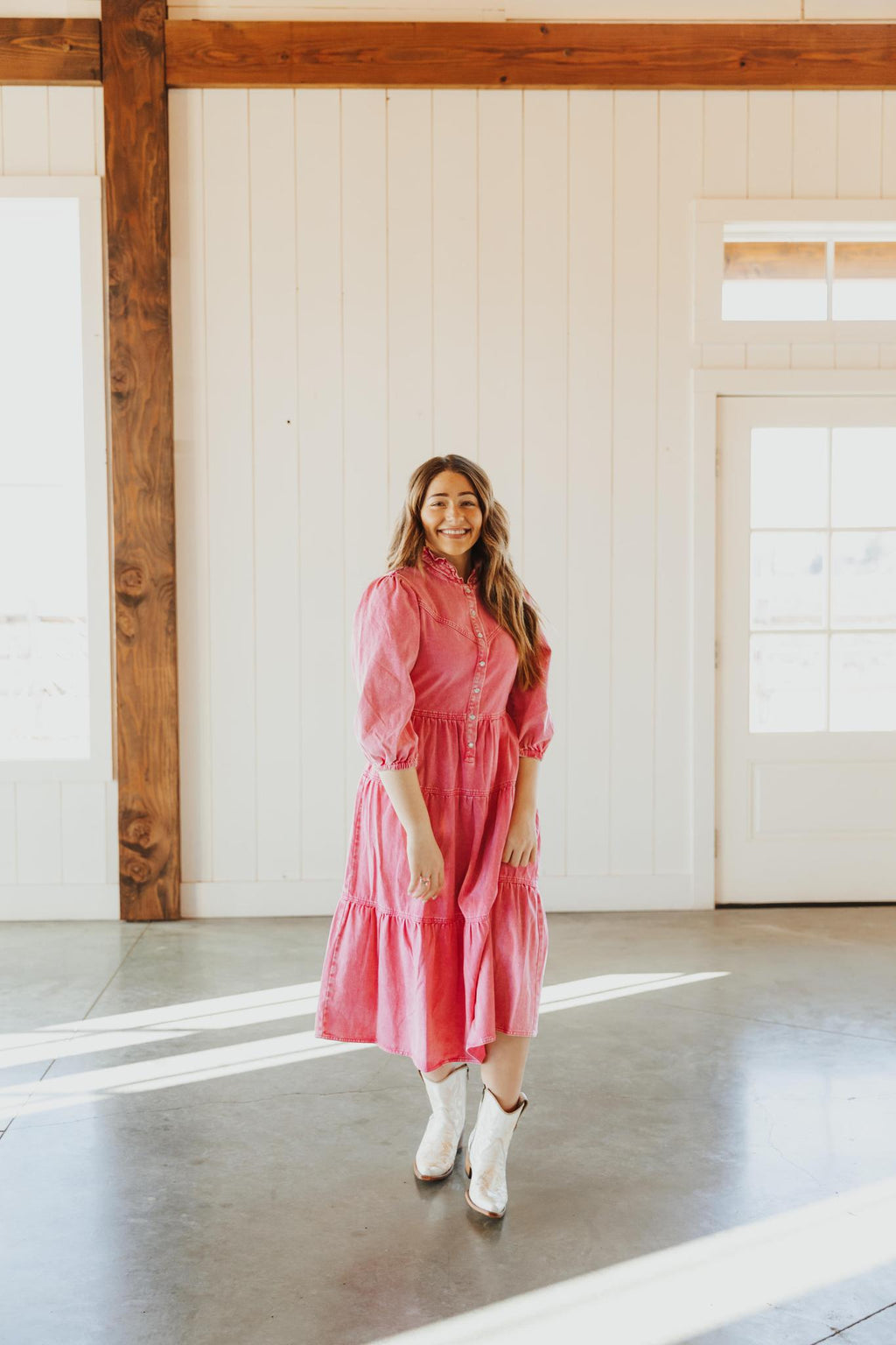 Garment Washed Chevron Yoke Midi Denim Dress - Hot Pint