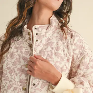 Floral Quilted Jacket with Ribbon Detail - IVORY PINK FLORAL