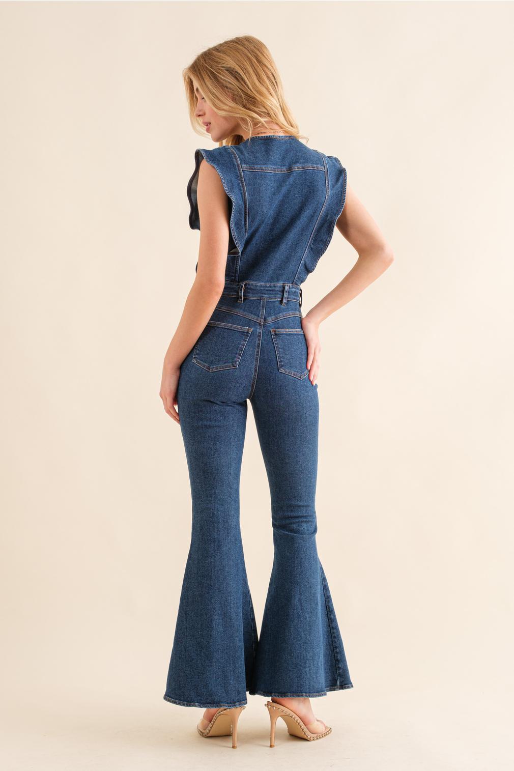 Ruffle Sleeve Button Up Bell Bottom Denim Jumpsuit - Med Wash