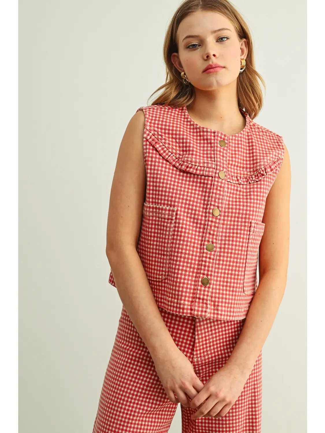 Gingham Printed Button Front Vest
