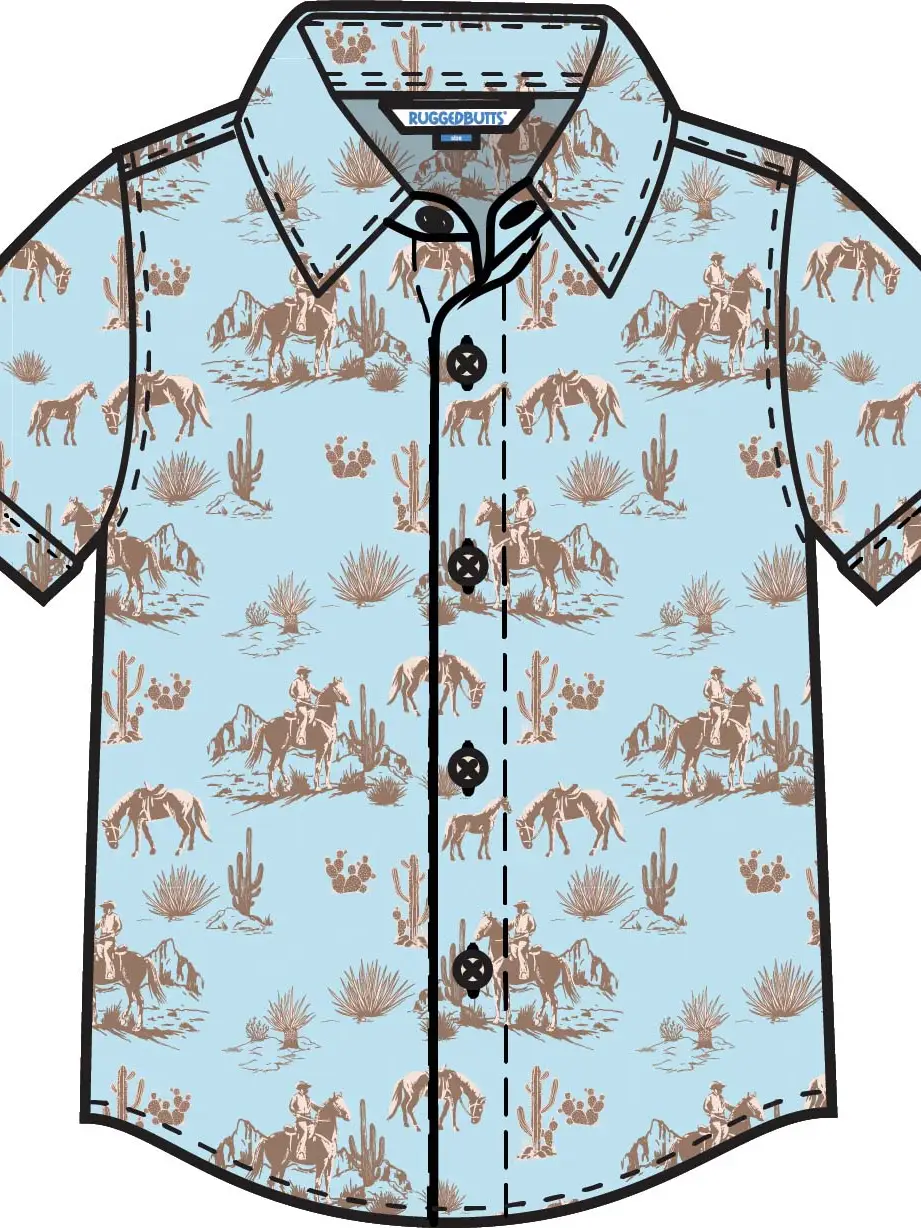 Boys Blue Western Trail Toile Short Sleeve Button Down Shirt