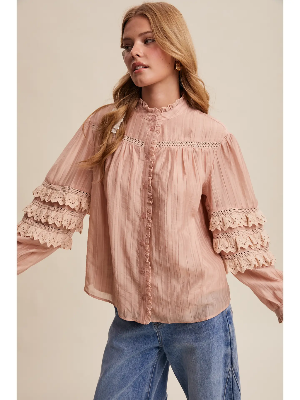 Lace Ruffle Sleeve Pintuck Blouse - BLUSH