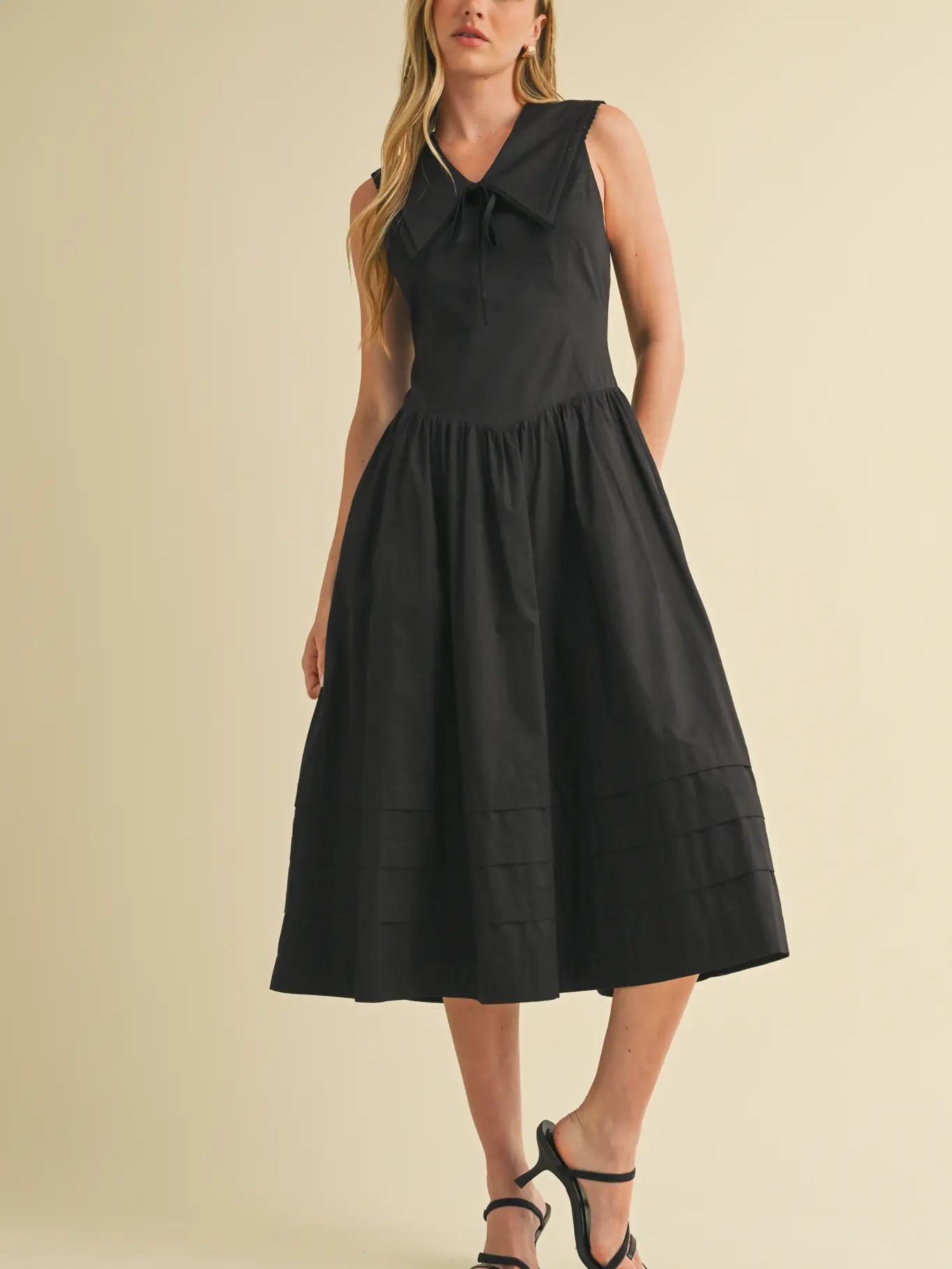 Doll Collar Lace Trim Midi Dress - BLACK