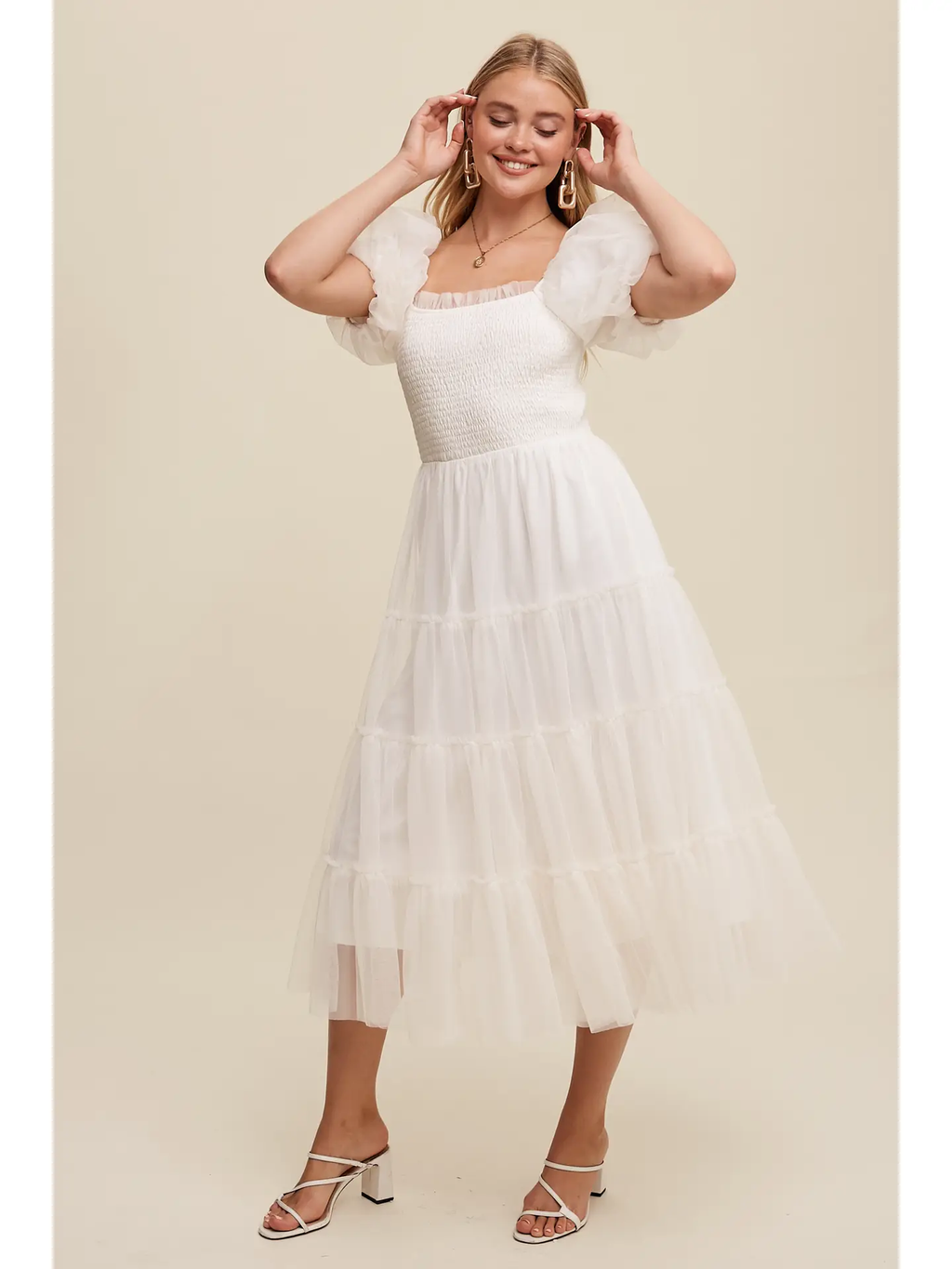 Tulle Smocked Puff Sleeve Midi Dress