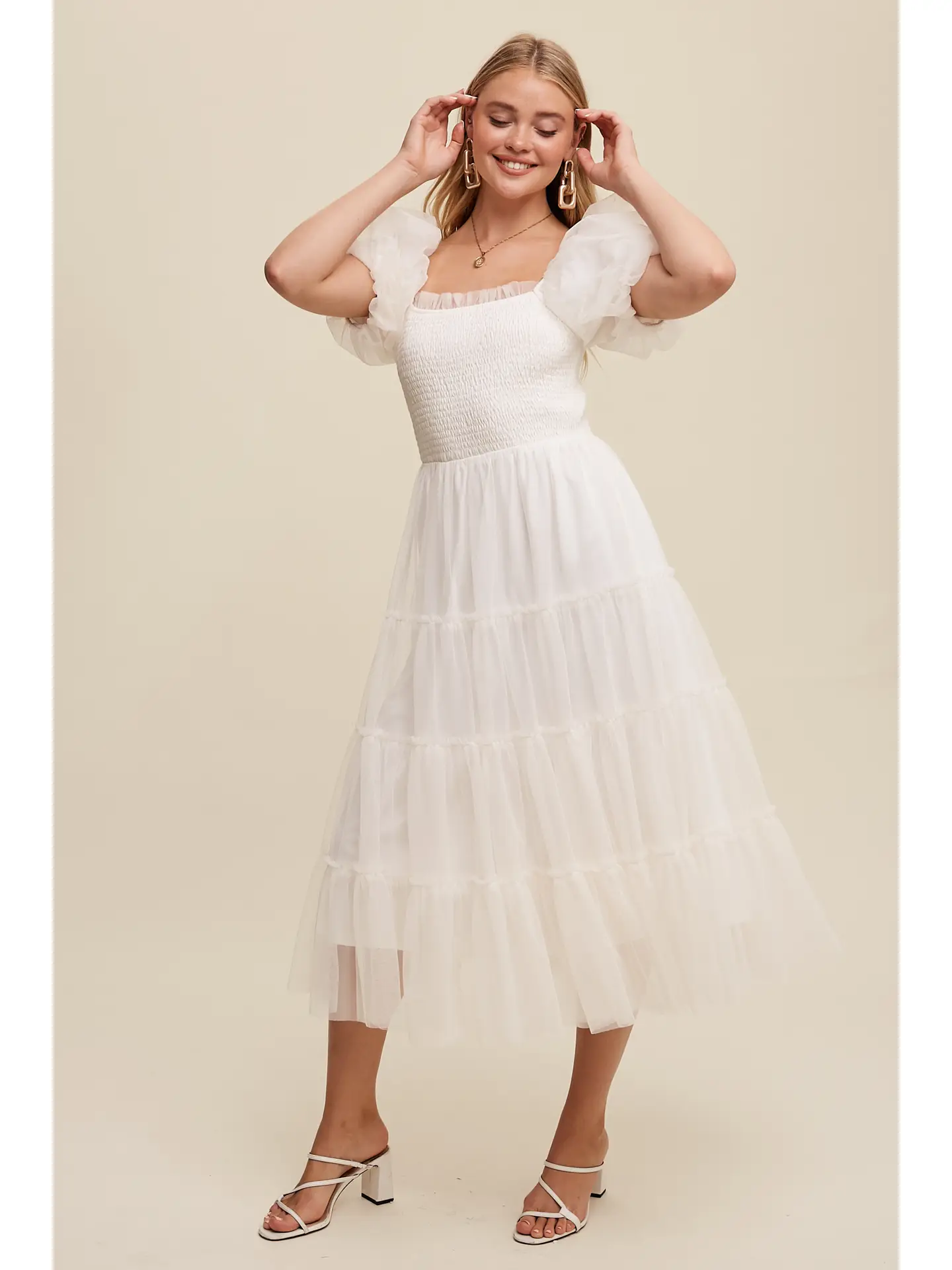 Tulle Smocked Puff Sleeve Midi Dress