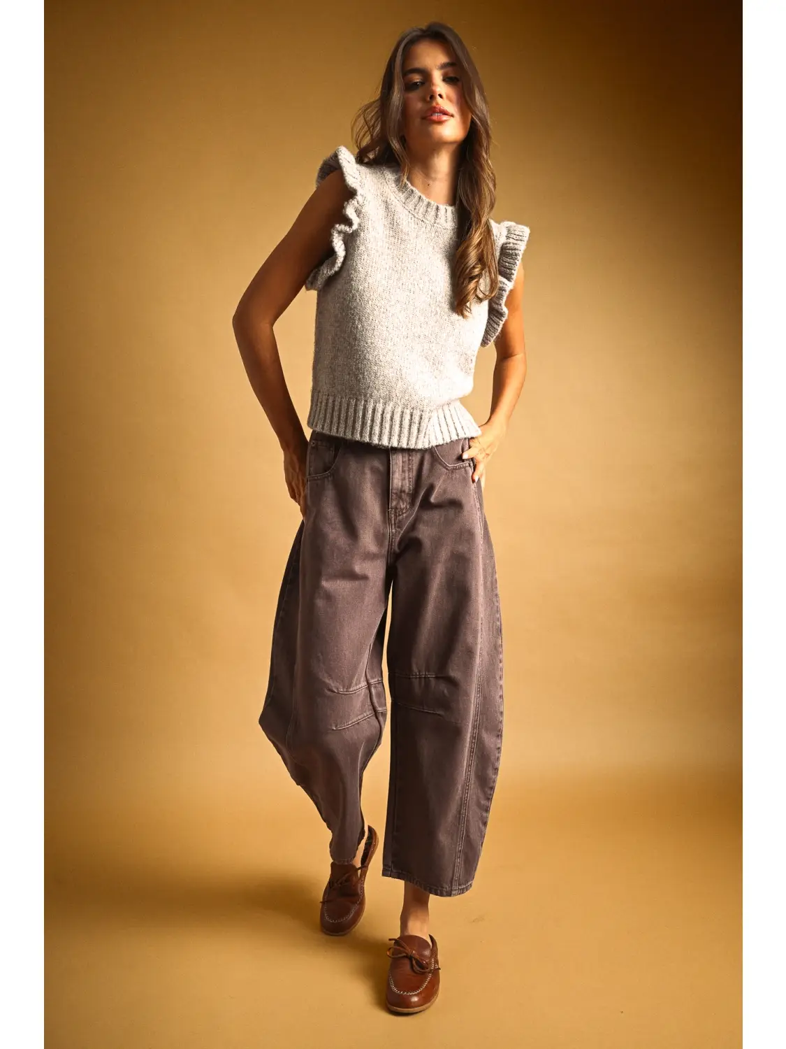 Ruffle Sleeve Sweater Top - OATMEAL