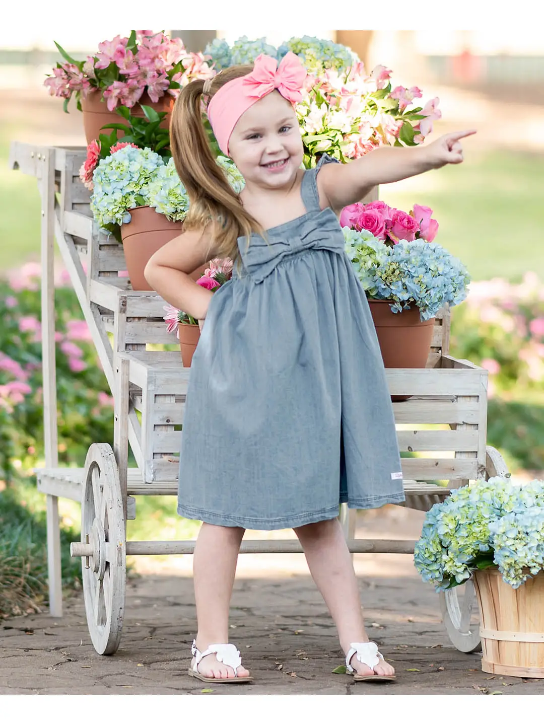 Girls Light Wash Denim Flutter Bow Woven Dress